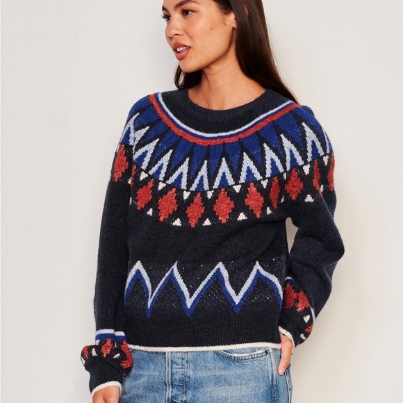 SUNDRY WOMEN'S FAIRISLE CREW NECK SWEATER IN DEEP NAVY S, M - Picture 2 of 13